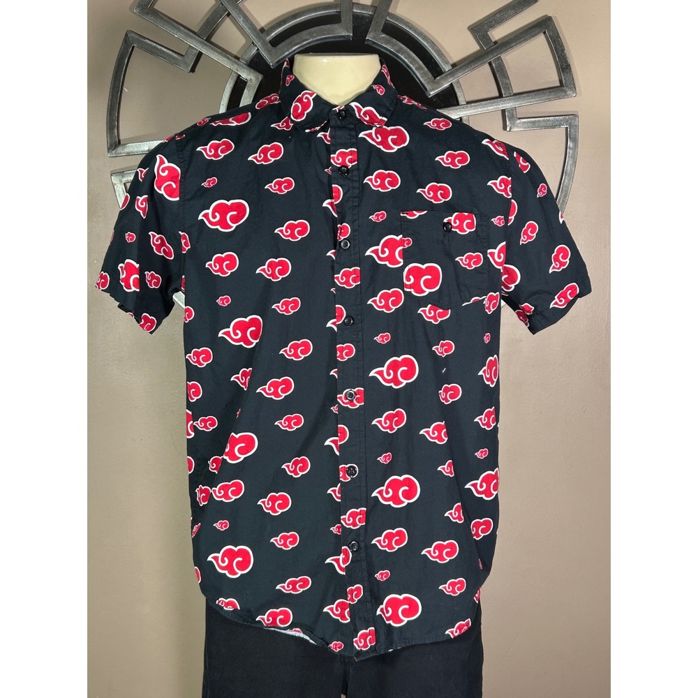 BoxLunch Naruto Shippuden Akatsuki Red Cloud Black Button Down Shirt Mens Large